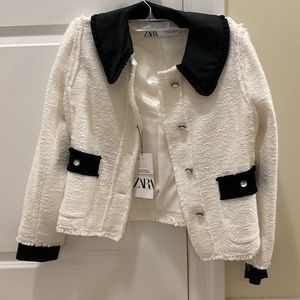 Zara black and white tweed blazer with removable cuff and collar
